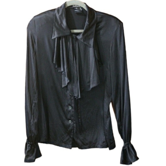 Escada vintage Black Silk Ruffle Button Down Blouse 100% Silk Germany 36 - Picture 1 of 16